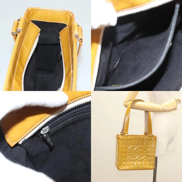 CHANEL Choco Bar Hand Bag Patent Leather Yellow Silver CC Auth mr1387 - Picture 15 of 16